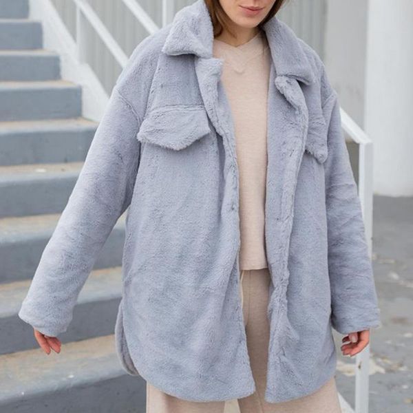 

women's fur & faux fashion solid turn down collar coat women elegant single breasted loose jackets simple side split coats ladies, Black