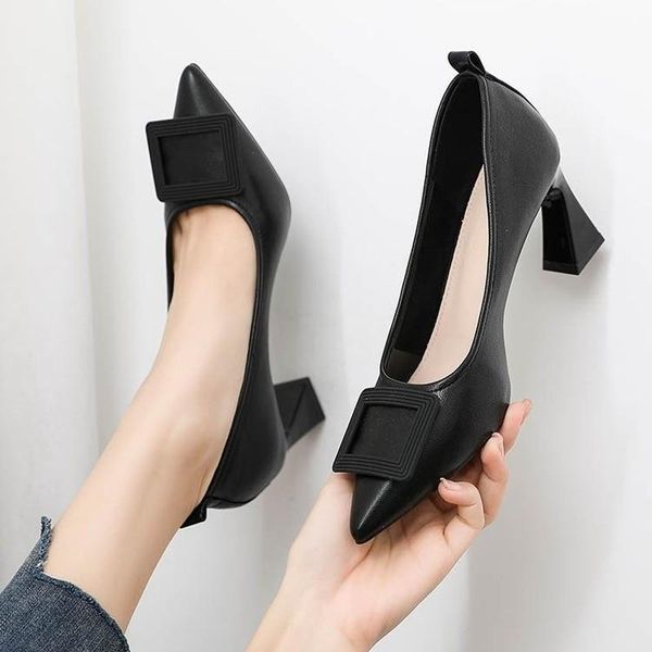 

dress shoes square buckle pumps 2021 shallow pointed toe wedding high heels summer korean simple strange style women's, Black