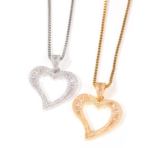 

new trendy micro pave hollowed heart pendant necklace ins style men women jewelry for gift, Silver