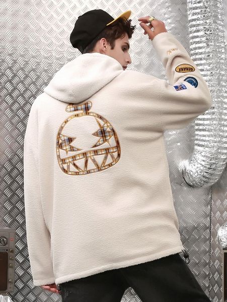 

men letter patched graphic drawstring teddy hoodie 12qg#, Black