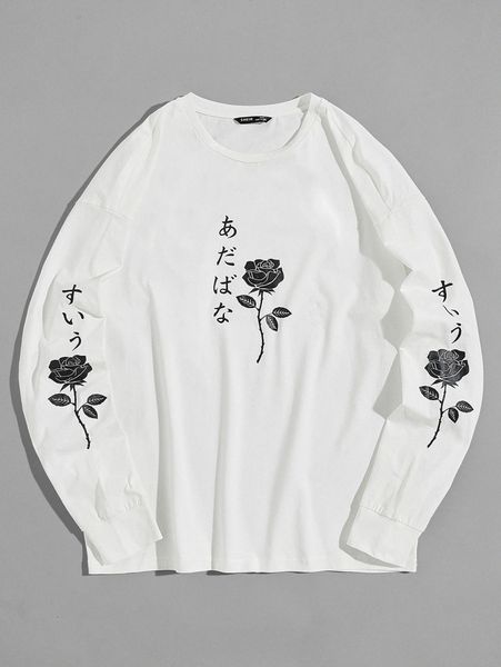 

men japanese letter & floral print tee q08h#, White;black
