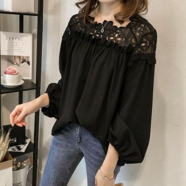 

women's blouses & shirts autumn 2021 japanese style clothing blouse solid color round neck long sleeve lace loose casual simplicity, White
