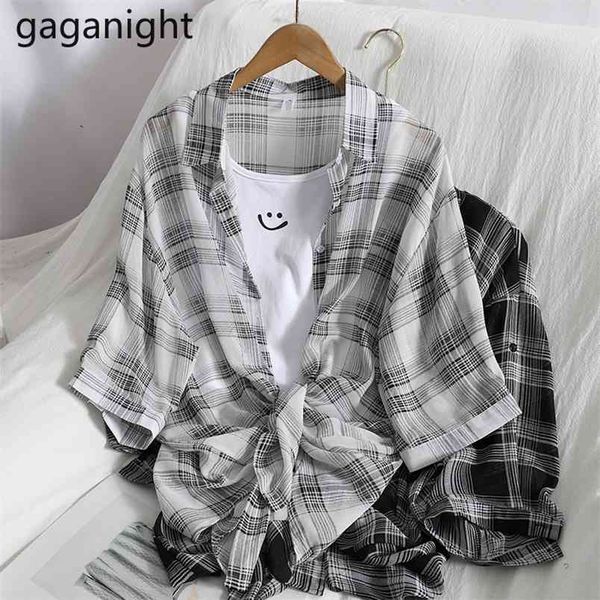 

women two pieces set summer fashion plaid sun protection blouses &basic cotton tank vest suit female outfits 210601, White