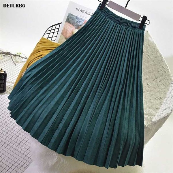 

womens elegant suede pleated midi skirt female high-quality elastic high waist thick warm skirts saias autumn winter sk394 211109, Black