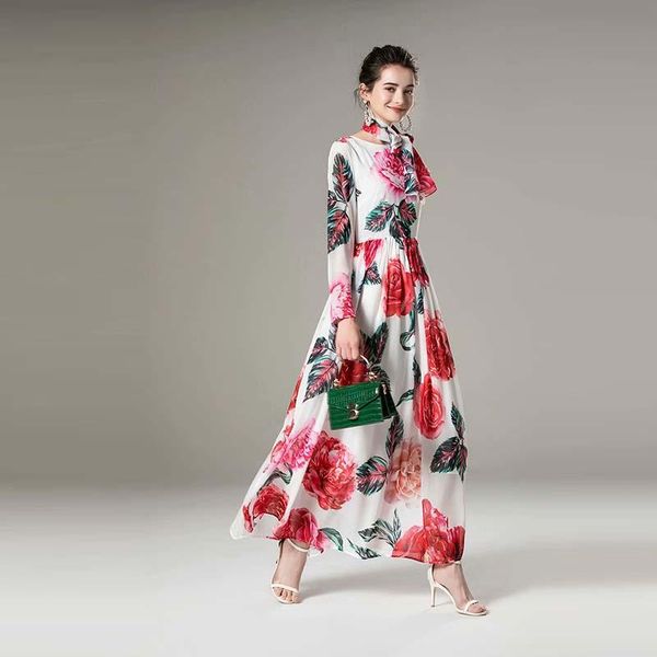 

casual dresses runway stunning red flowers printed long sleeve chiffon dress fashion ramadan 210304ul02, Black;gray