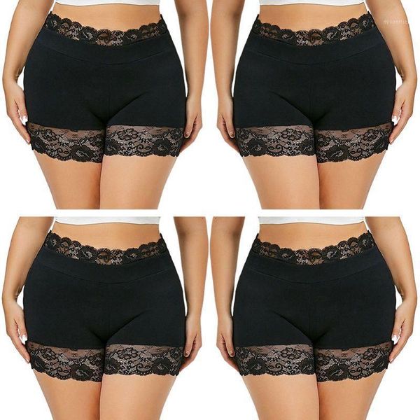 

women plus size high waist boxer shorts seamless scalloped floral lace splicing safety pants solid color elastic underpant -6xl, White;black