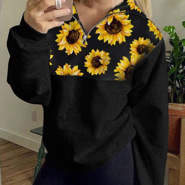 

women's hoodies & sweatshirts plus size 4xl sunflower print women sweatshirt autumn long sleeve turn-down collar zipper female cas, Black