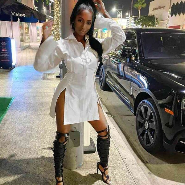 

2021anjamanor button split white long sleeve shirt dress women clothes fashion mini dresses clubwear vestidos sexis d22-cg18, Black;gray