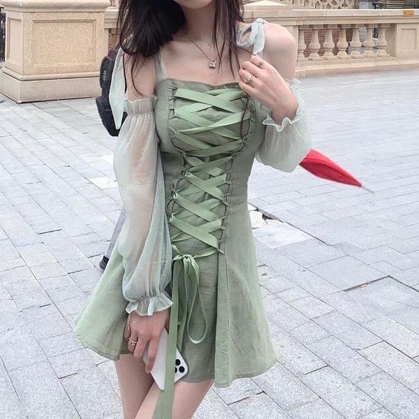

casual dresses sleeve slim korean bandage gothic dress japanese black green lolita soft girl kawaii party mini, Black;gray