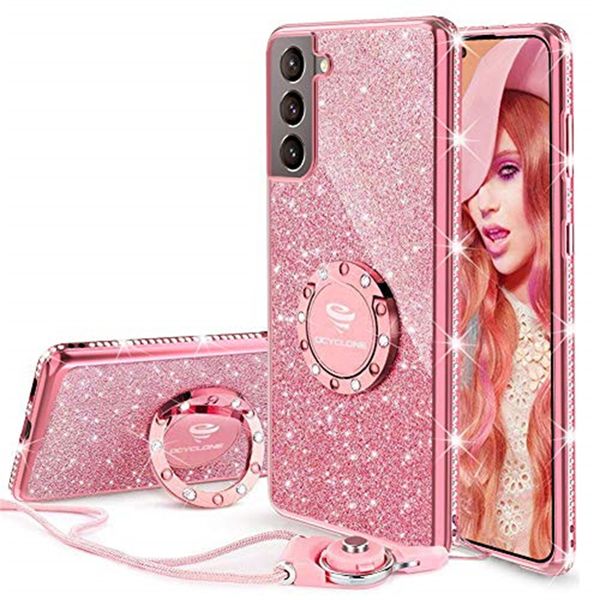 

women girls glitter cute phone cases with ring kickstand bling diamond rhinestone bumper protective soft case for galaxy samsung s22 s21 s20