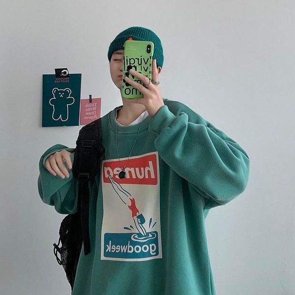 

men's hoodies & sweatshirts hybskr mens oversize fashion fleece pullover casual letter cartoon pattern male sweatshirt women winter war, Black
