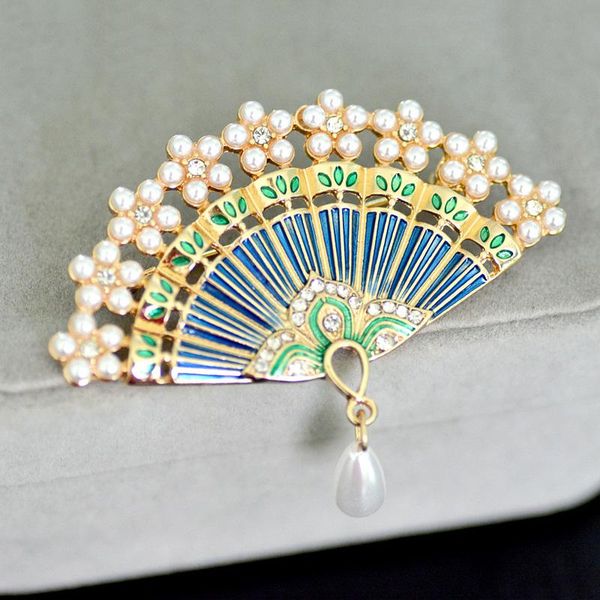 

pins, brooches chinese style colored retro pearl fan accessories water drop drip sweater brooch pin wholesale, Gray