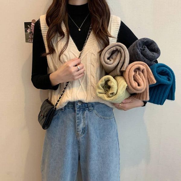 

women's vests autumn fashion warm v neck sleeveless sweater aesthetic chic twist knit patchwork vest casual tide all match elastic tank, Black;white