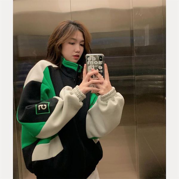 

women's jackets women fashion fall patchwork color baseball uniform high neck loose casual jacket zipper long sleeve contrast hoodies c, Black;brown