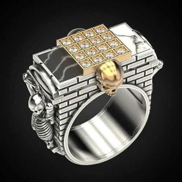 

cluster rings gothic imprisoned skull silver gold two-color ring punk style skeleton geometric wall paved cz men's jewelry hip hop z4z0, Golden;silver