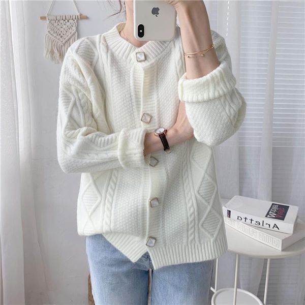 

women's knits & tees knitting cardigan sweater woman autumn 2021 button up long sleeve green pockets casual coat blue, White