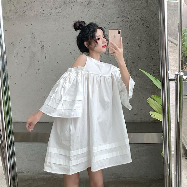 

casual dresses superaen 2021 korean style loose round neck strapless dress a-line flare sleeve o-neck for women, Black;gray