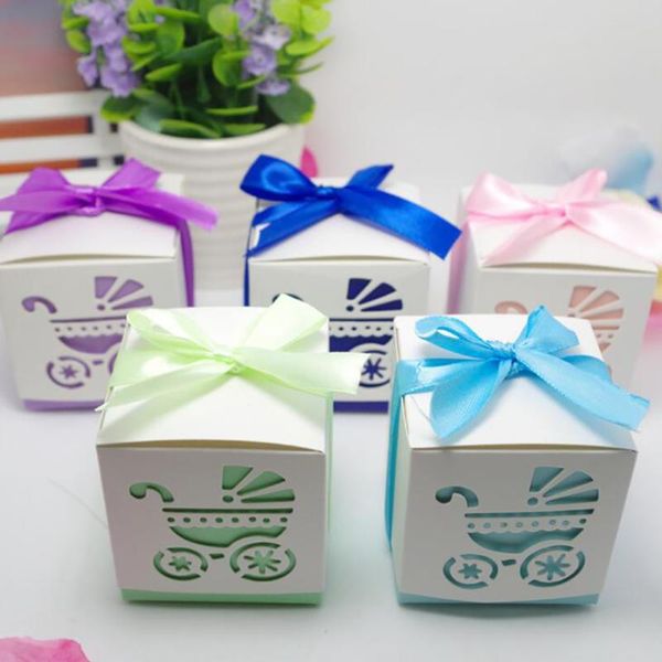 

gift wrap 50pcs hollowed-out baby carriage candy box shower party baptism ribbon case