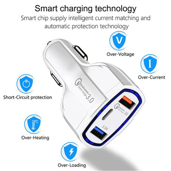 

pd 3 in 1type c dual usb ports qc 3.0a quick charging car charger adapter for iphone 7 8 11 x xr samsung android phone without package