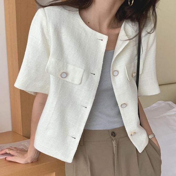 

women's jackets [ewq] 2021 elegant temperament summer o-neck single-breasted design solid color loose casual short-sleeved jacket 16f13, Black;brown