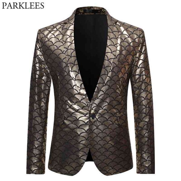 Gold Fischschuppe Glänzendes Glitzerkleid Blazer Männer Ein Knopf Slim Fit Smoking Anzugjacke Männliche Dinner Party Bühne Prom Kostüm Homme 210522