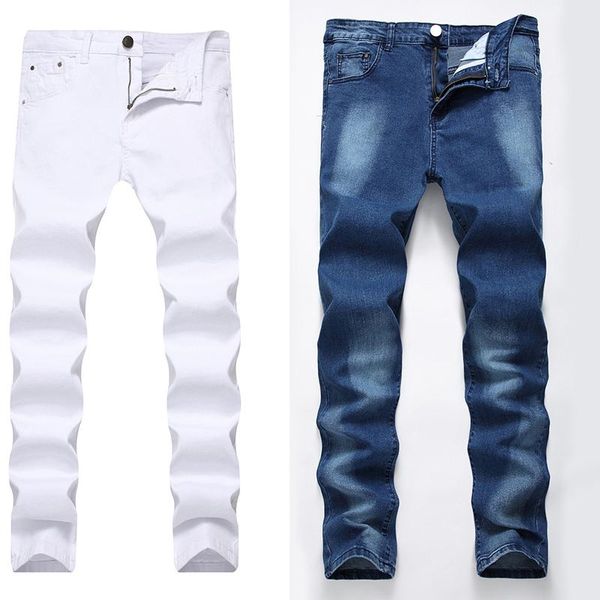 

men's jeans pants classic denim youth straight stretch trousers long business casual slim, Blue