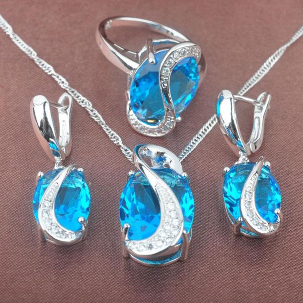 

earrings & necklace band sky blue cubic zirconia women's silver color jewelry sets pendant rings tz073