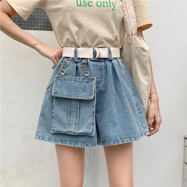 

women's shorts fashion high waist denim women big pocket loose plus size jeans female summer wide leg short with belt, White;black