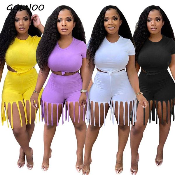 

women's tracksuits gglnoo 2 pieces clubwear women suits short sleeve t-shirts bandage crop high waist tassels biker shorts summer outf, Gray