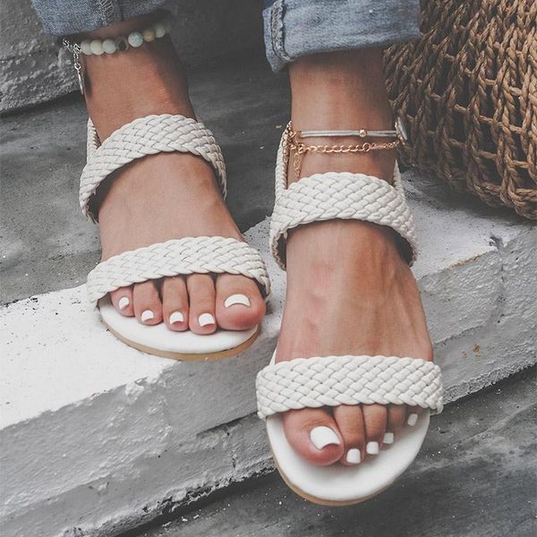 

sandals women summer open toe weave lace up ladies flats shoes ankle strap candy color rome style casual flip flops 2021 pu, Black
