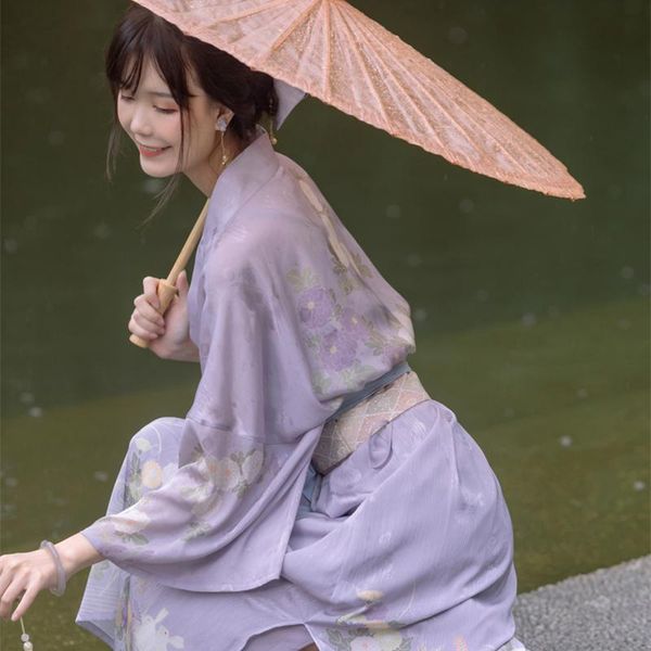 

ethnic clothing purple japanese traditional kimono yukata summer loose streetwear obi floral print modern dress girls outfit kawaii haori to, Red