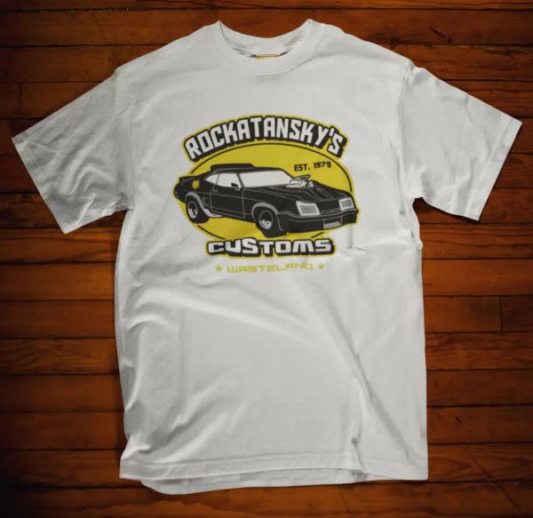 

mad max t-shirt rockatansky's customs v8 car garage movie film retro classic, White;black