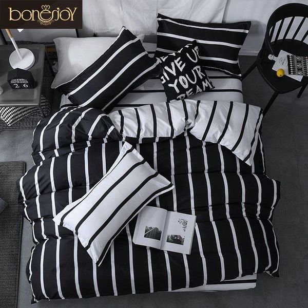 

38black and white colo striped bed cover sets single/twin/double//king quilt sheet pillowcase bedding kit