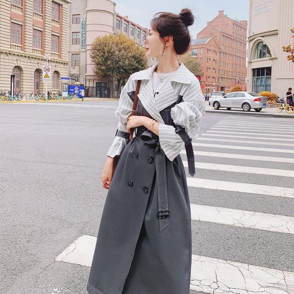 

women's trench coats women fashion stripe splice gray coat spring autumn female elegant double breasted belted long windbreaker outerwe, Tan;black