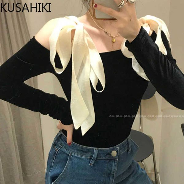 

slash neck bow tie women shirt korean velour slim long sleeve spring blusas mujer de moda 6e242 210603, White