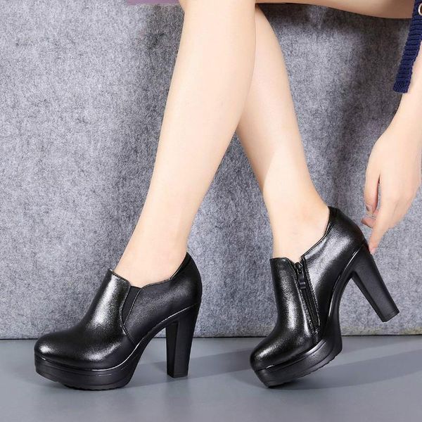 

boots 2021 round toe genuine leather women's shoes women fashion high heels autumn winter ankle black plus size 34-43