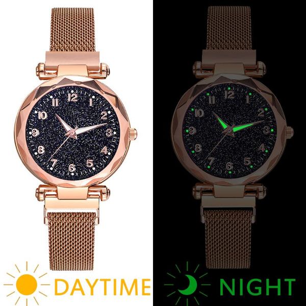 

wristwatches women's fashion digital luminous surface starry sky mesh strap watches, Slivery;brown