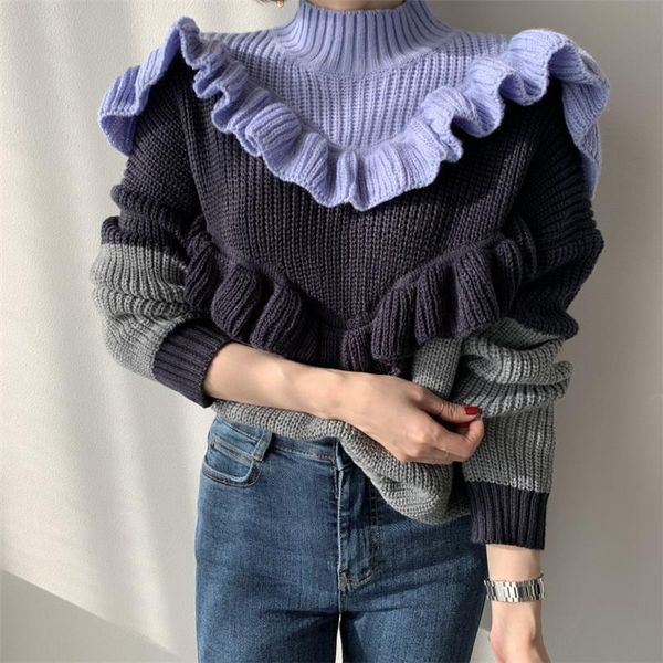 

women's sweaters 2021 autumn women knitted female pullover all match contrast lantern sleeves ruffles loose elegant office lady, White;black