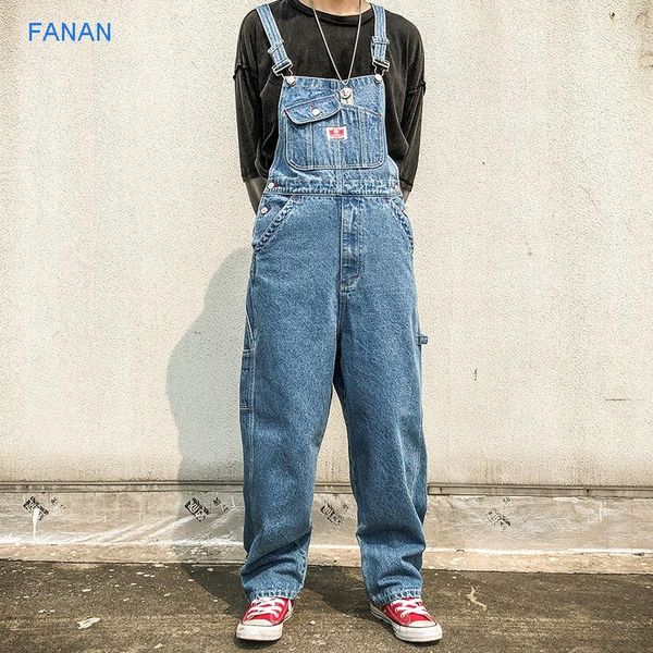 

men's jeans backpack fashion brand loose one piece wide leg pants korean straight tube daddy suspender, Blue
