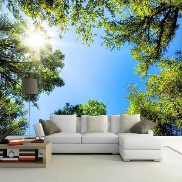 

custom 3d wallpaper green forest blue sky sunlight nature landscape kitchen bedroom living room tv background mural waterproof wallpapers