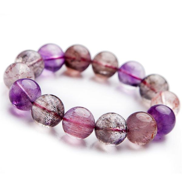

beaded, strands 15mm genuine natural purple rutilated quartz crystal bracelets for women big super 7 melody stone round bead bracelet, Black