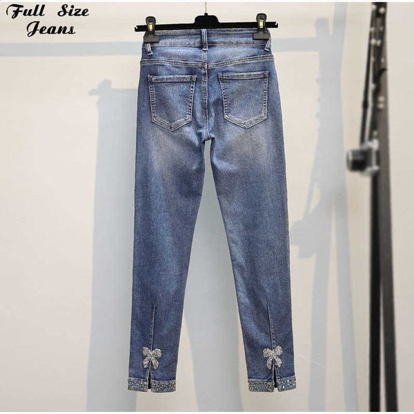 

plus size women clothing fashion pants stretchy skinny beading ankle length jeans summer high mid waist nine 210927, Blue