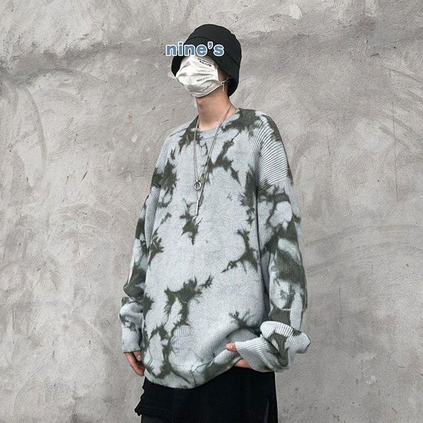 

men's sweaters tie-dye sweater men autumn-winter streetwear retro trendy o-neck pullovers male hip-hop contrast long-sleeved knitted, White;black
