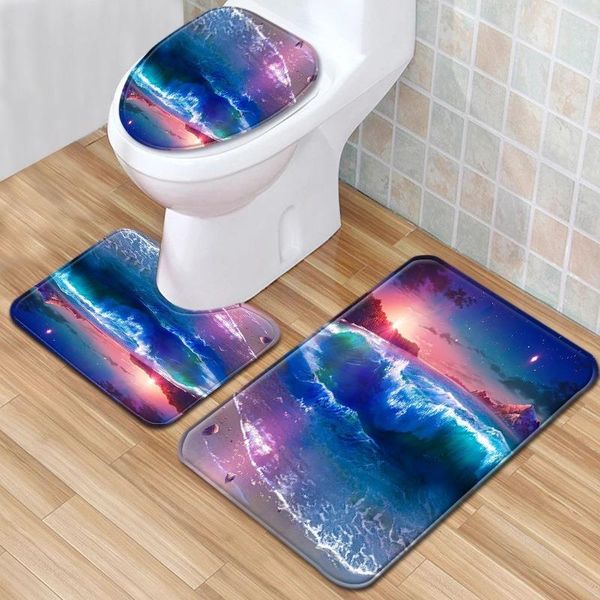 

bath mats beach scenery bathroom mat three-piece carpet toilet set door non-slip spot