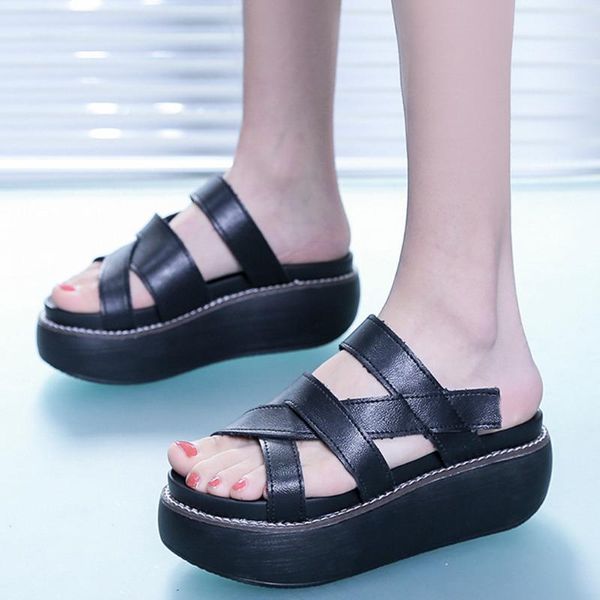 

women's slippers muffin platform sandals casual open toe thick bottoms beach outdoor shoes women slides summer 2021, Black