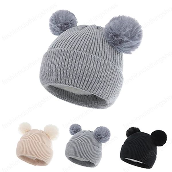 Cabelos de lã de tricô de cor sólida da criança com bola dupla bola fofa outono e inverno pelúcia morno recém-nascido chapéus bebê headwear