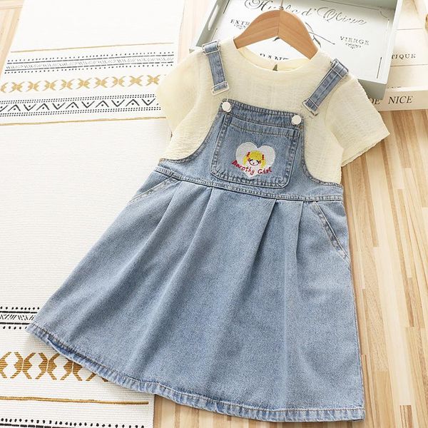 

girls clothing sets 2021 summer baby girl 2pcs set t shirt and denim dress children suits wholesale, White