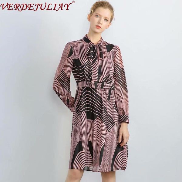 

casual dresses verdejuliay 2021 spring european office lady vintage a-line dress women bow collar front covered zip striped midi, Black;gray