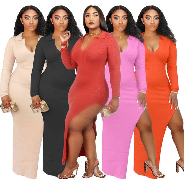 

casual dresses women fashion bodycon maxi party solid color split lapel neck long sleeve spring sheath dress vestidos robe femme upl5, Black;gray
