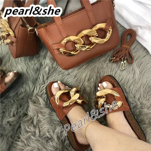 

slippers summer women big chain ladies luxury sandals casual flat slides fashion handbag set female shoulder messenger bag, Black